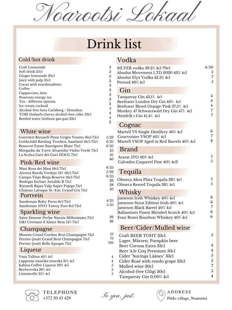 Noarootsi Lokaal drink list
